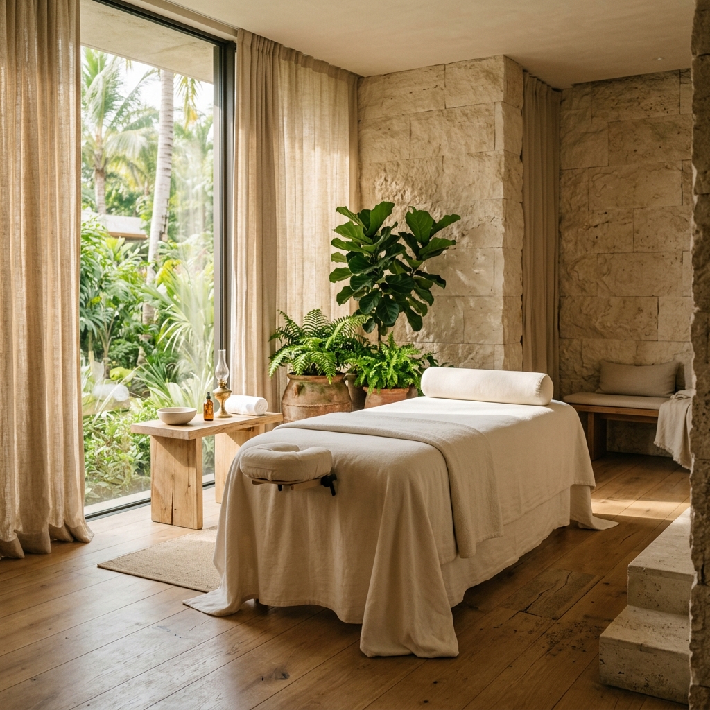 Luxury wellness retreat space with natural materials
